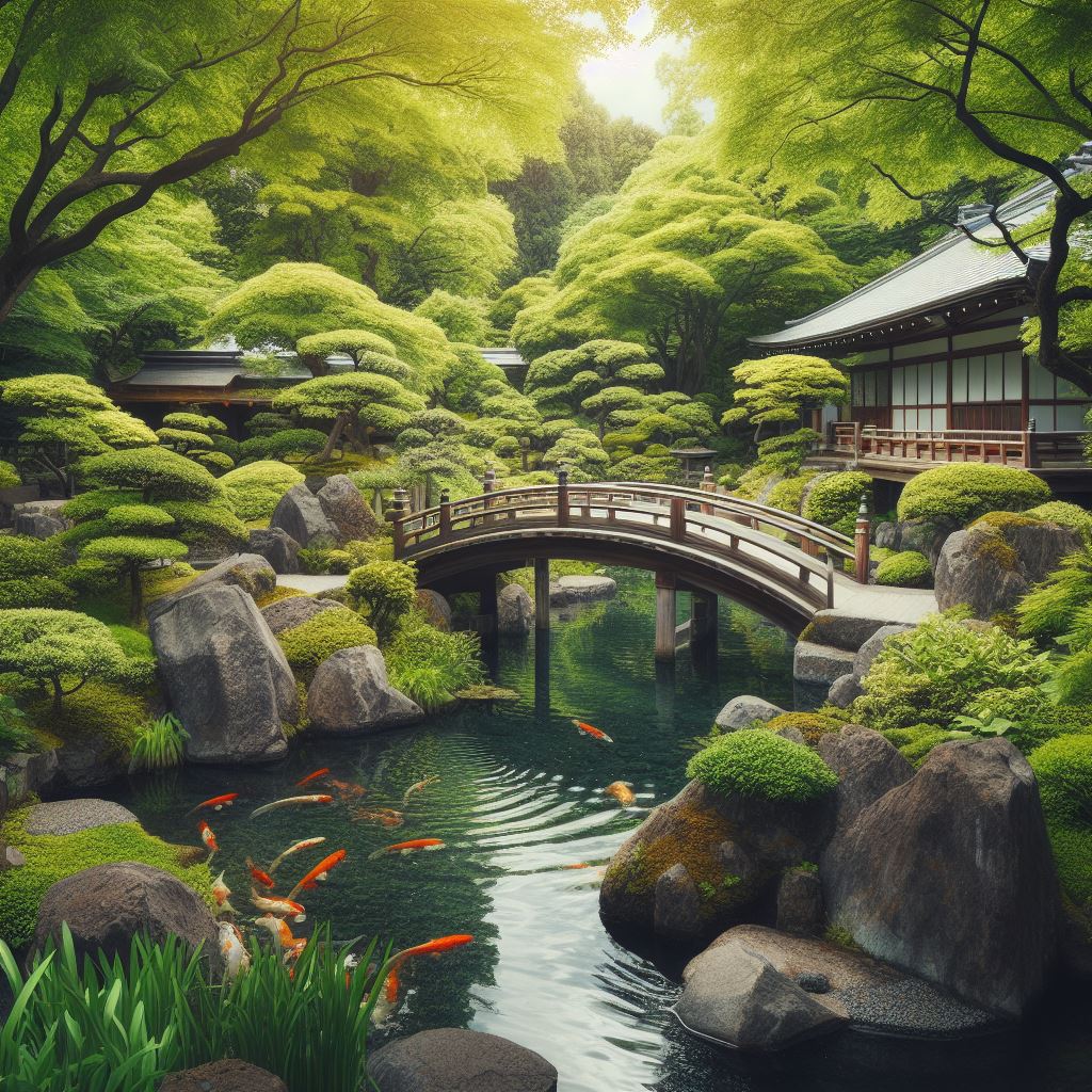 Peaceful and tranquil Japanese garden with a large koi pond