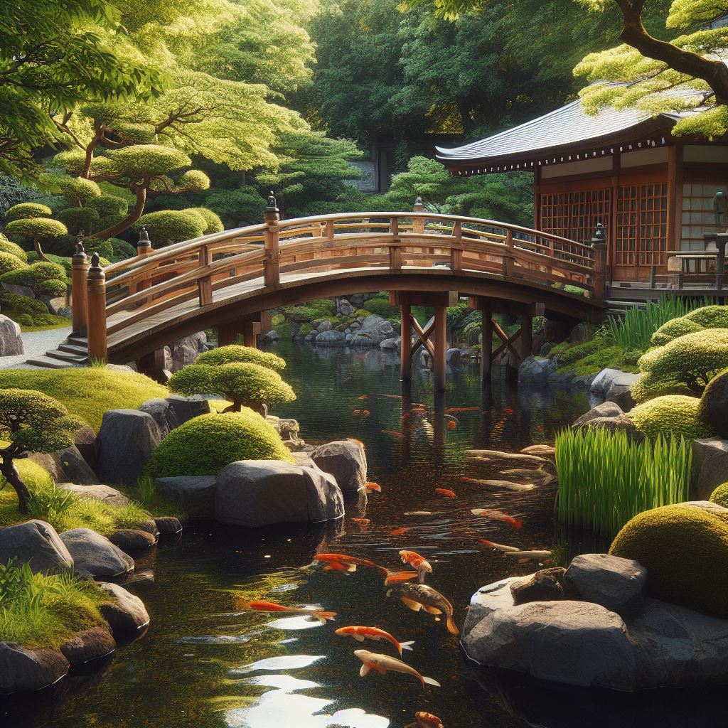 Peaceful and tranquil Japanese garden with a large koi pond