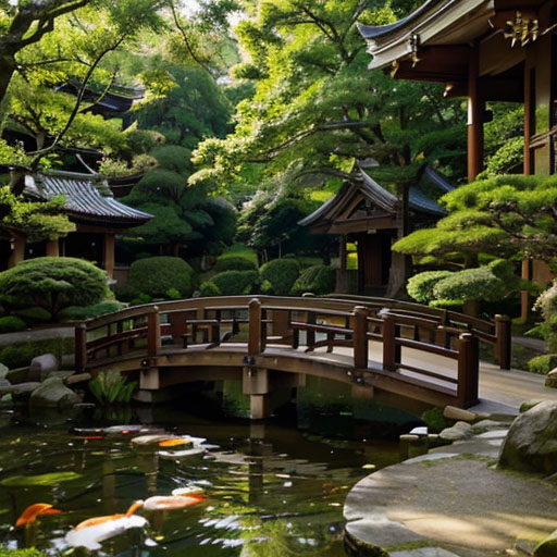 Peaceful and tranquil Japanese garden with a large koi pond