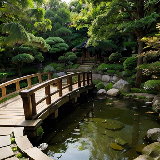 Peaceful and tranquil Japanese garden with a large koi pond