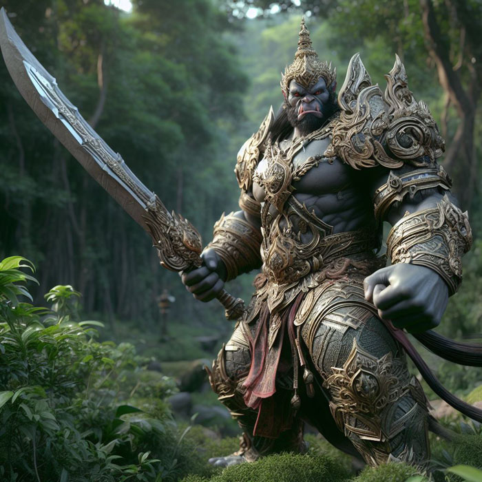 Photo-realistic 3D character design of a mighty Thai giant warrior in complete armor