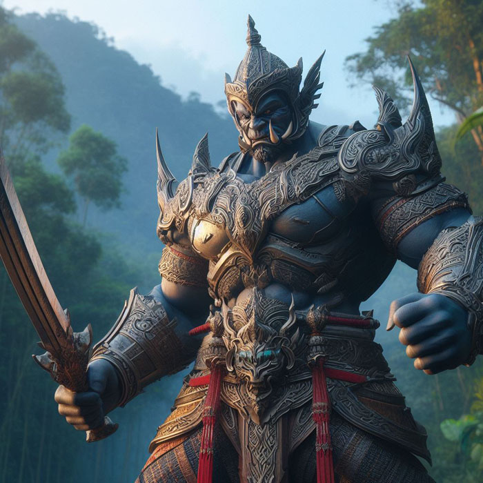 Photo-realistic 3D character design of a mighty Thai giant warrior in complete armor