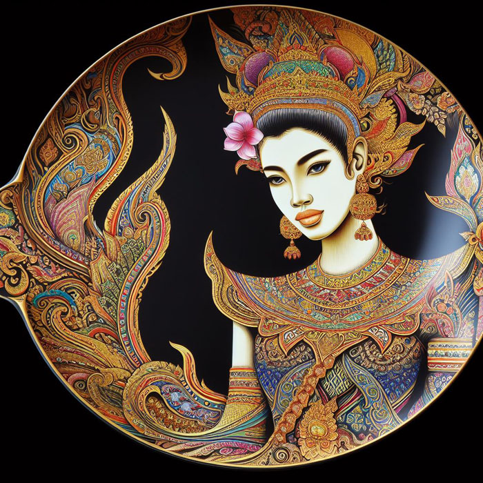 Photograph Thai woman, large plate, printed with fine Thai patterns