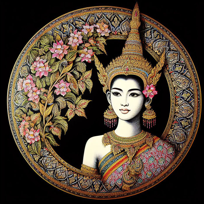 Photograph Thai woman, large plate, printed with fine Thai patterns