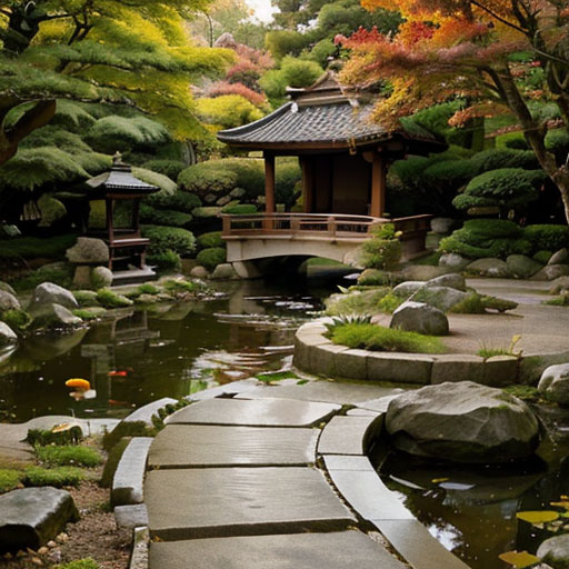 Seaart_Serene Japanese garden with traditional stone pathway