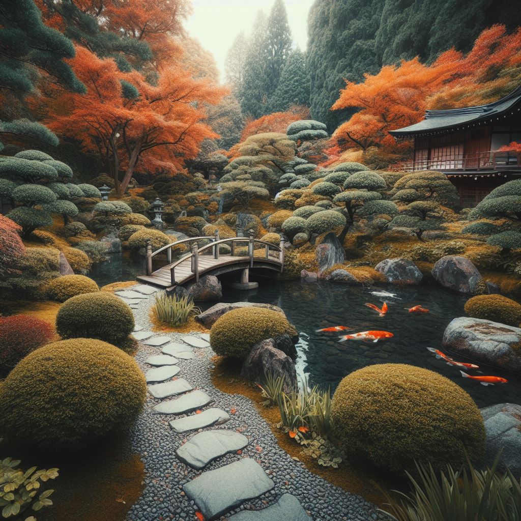 Serene Japanese garden with traditional stone pathway, meticulously maintained bushes and plants, zen-inspired landscape design, pond with koi fish, wooden bridge, detailed and realistic photography, autumn season, vibrant orange and red foliage.