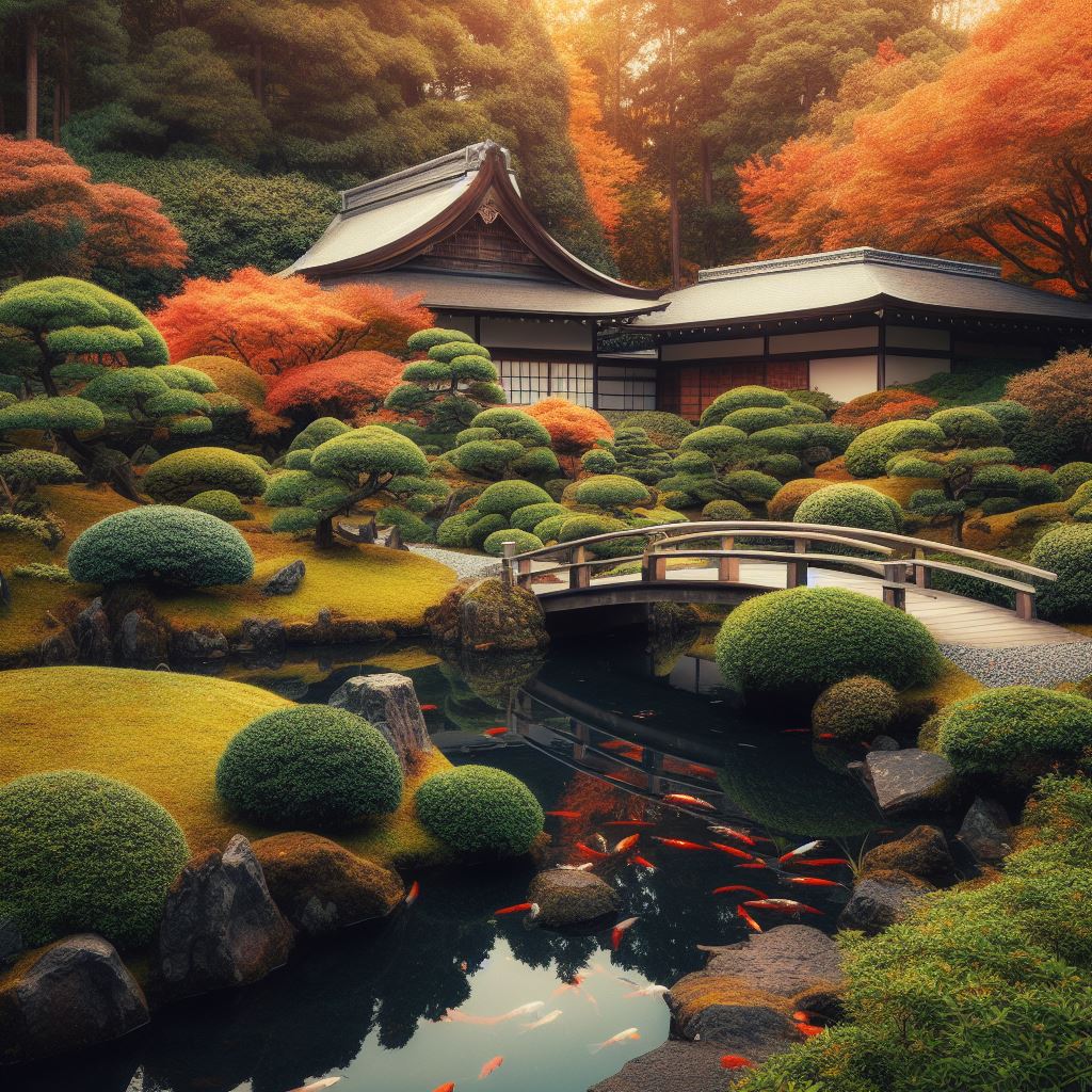 Serene Japanese garden with traditional stone pathway, meticulously maintained bushes and plants, zen-inspired landscape design, pond with koi fish, wooden bridge, detailed and realistic photography, autumn season, vibrant orange and red foliage.