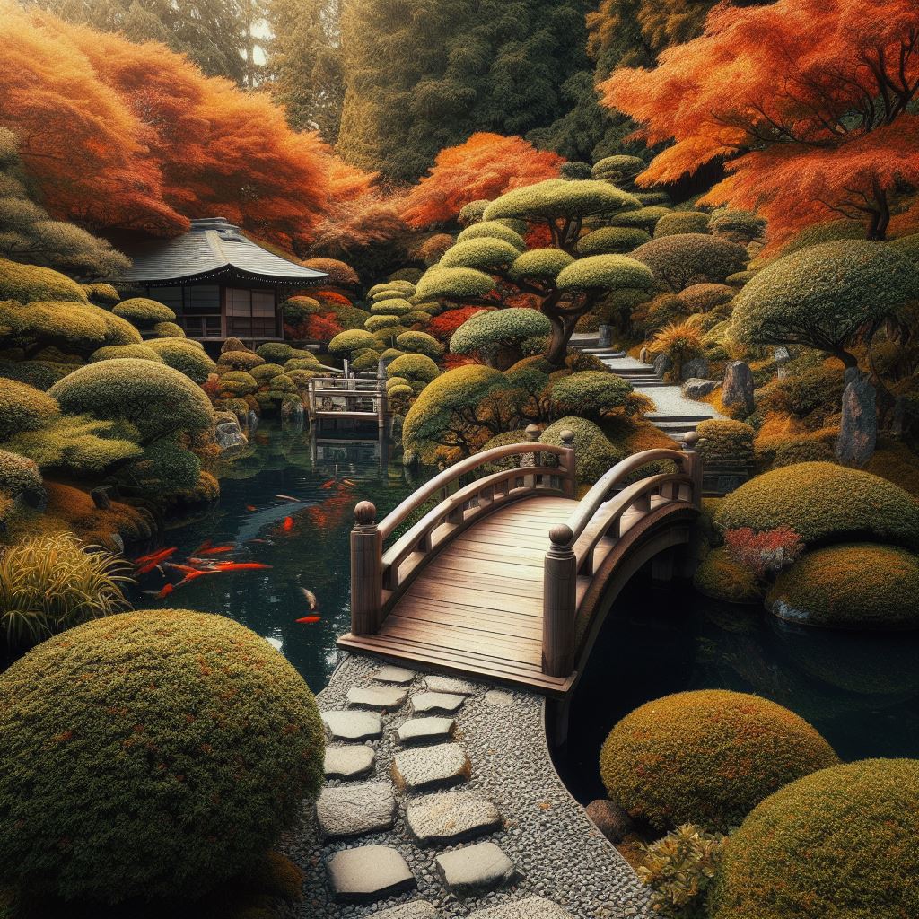 Serene Japanese garden with traditional stone pathway, meticulously maintained bushes and plants, zen-inspired landscape design, pond with koi fish, wooden bridge, detailed and realistic photography, autumn season, vibrant orange and red foliage.