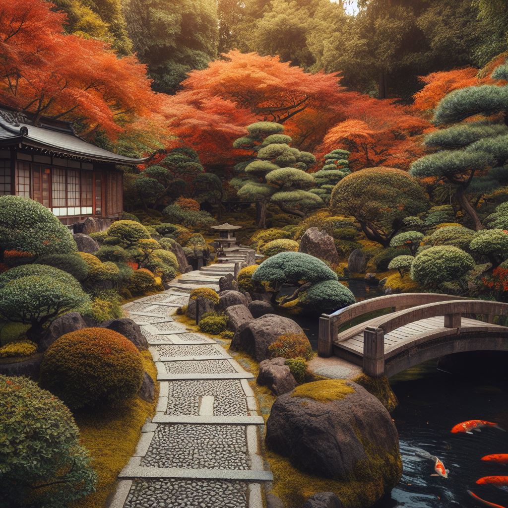 Serene Japanese garden with traditional stone pathway, meticulously maintained bushes and plants, zen-inspired landscape design, pond with koi fish, wooden bridge, detailed and realistic photography, autumn season, vibrant orange and red foliage.