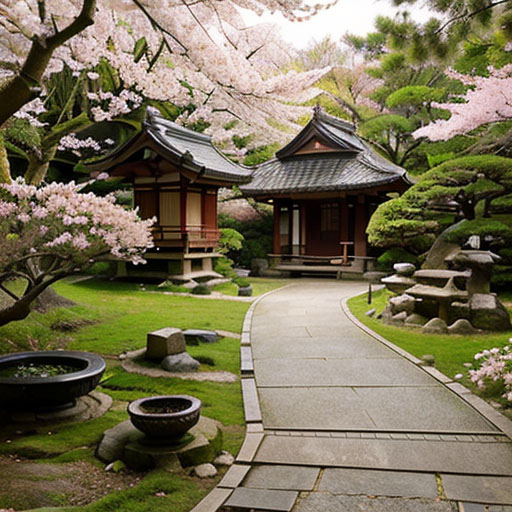 Stunning Japanese garden with cherry blossom trees in full bloom