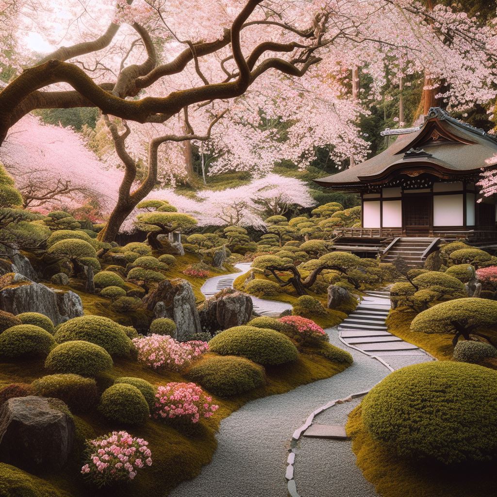 Stunning Japanese garden with cherry blossom trees in full bloom