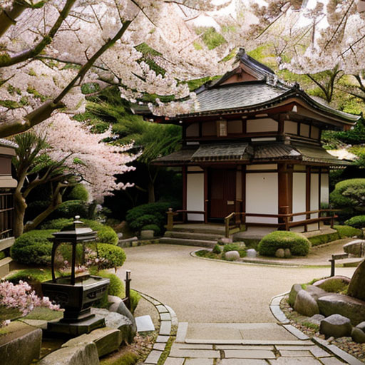 Stunning Japanese garden with cherry blossom trees in full bloom