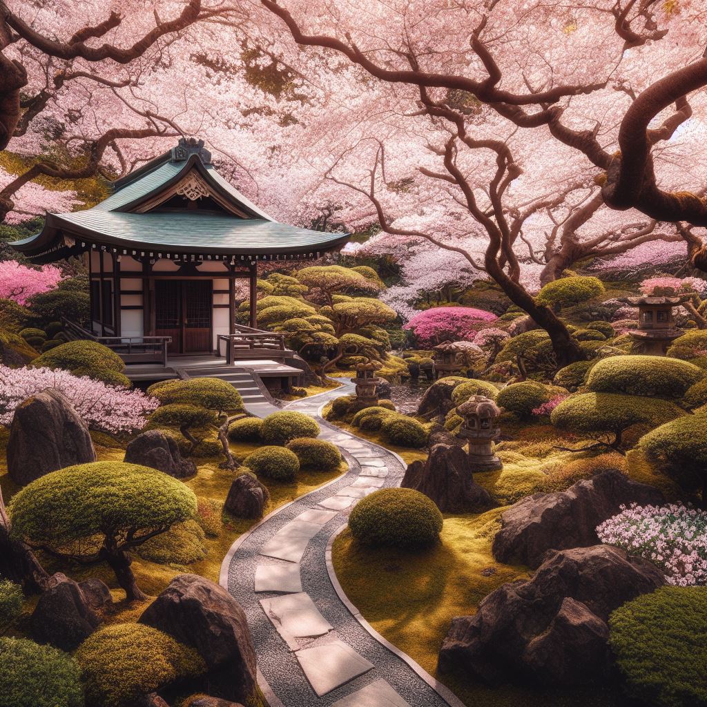 Stunning Japanese garden with cherry blossom trees in full bloom2