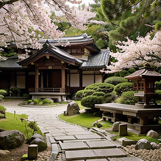 Stunning Japanese garden with cherry blossom trees in full bloom