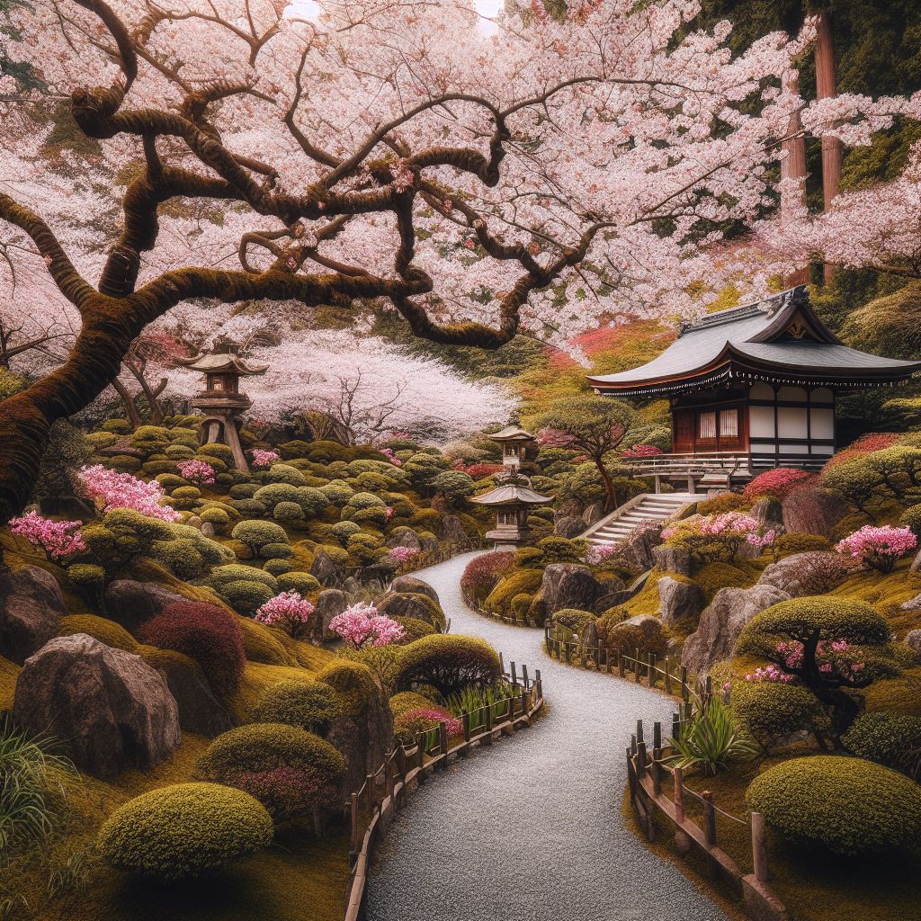 Stunning Japanese garden with cherry blossom trees in full bloom