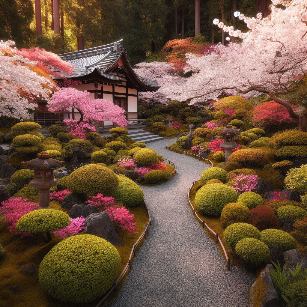 Stunning Japanese garden with cherry blossom trees in full bloom