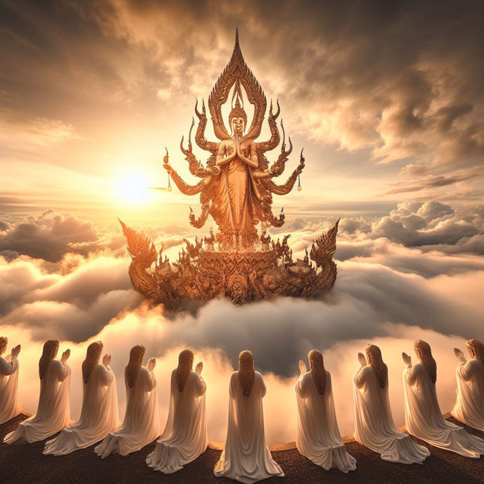 Thai Buddhist art Buddha statue ascending to heaven