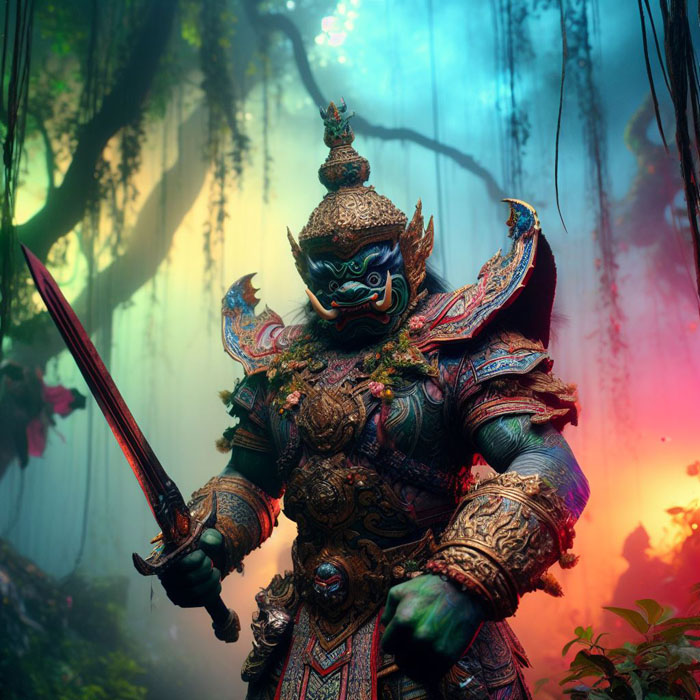 Thai giant warrior in full armor standing