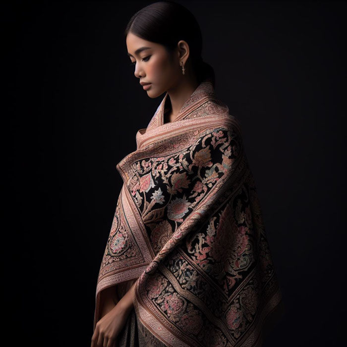 Thai woman draped in a handwoven scarf featuring ornate Thai designs