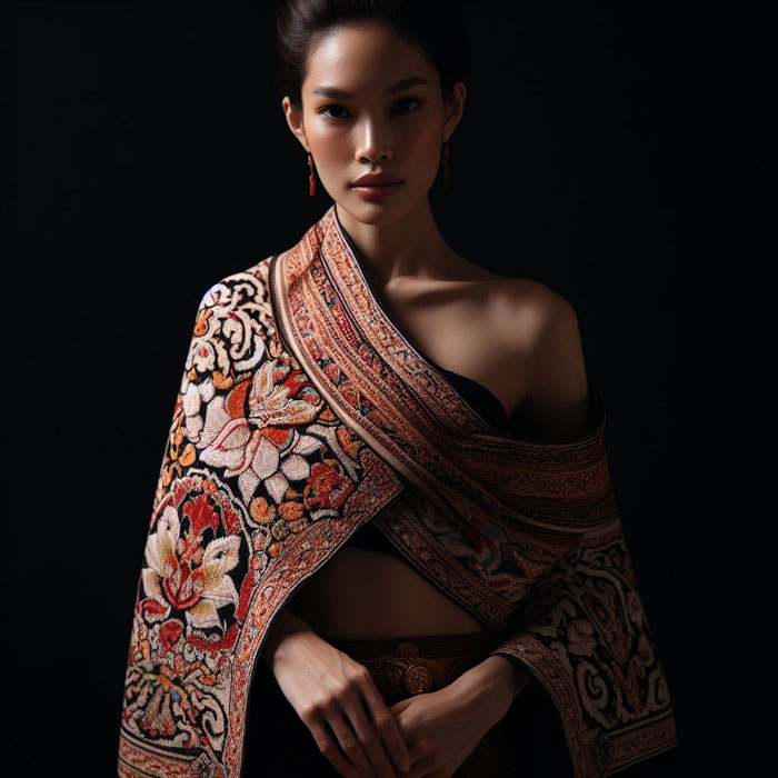 Thai woman draped in a handwoven scarf featuring ornate Thai designs