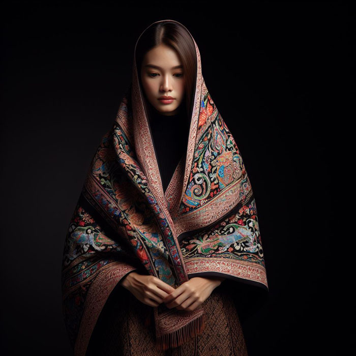 Thai woman draped in a handwoven scarf featuring ornate Thai designs