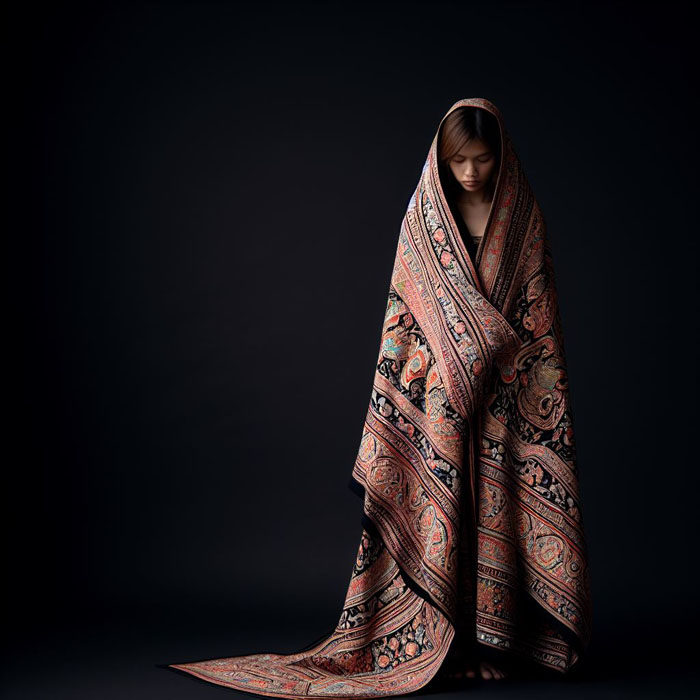 Thai woman draped in a handwoven scarf featuring ornate Thai designs