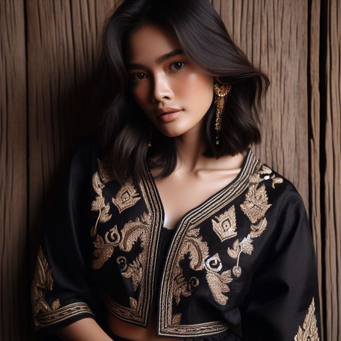 Thai woman modeling a stunning black silk blouse embroidered with traditional Thai motifs,