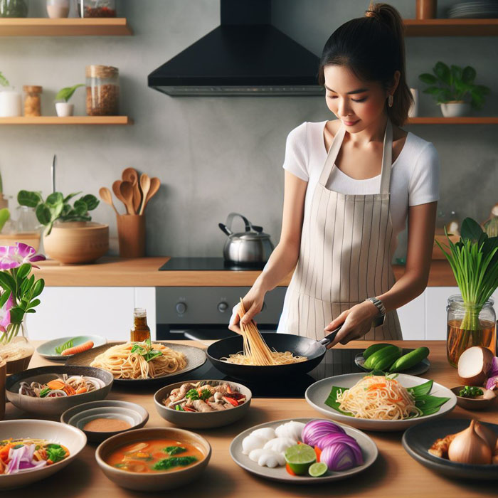 mouth-watering photo of a Thai woman preparing traditional Thai dishes such as Pad Thai