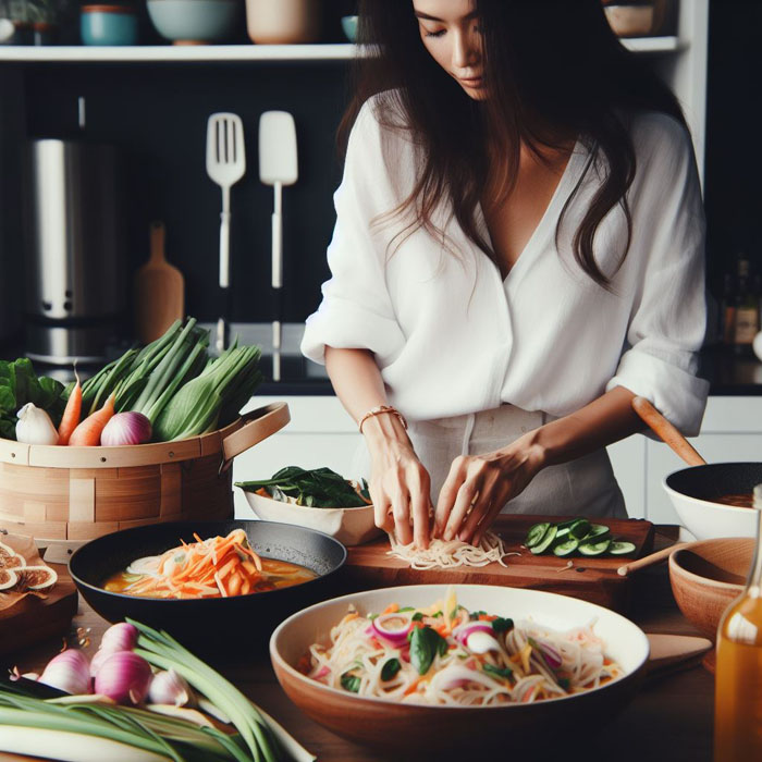 mouth-watering photo of a Thai woman preparing traditional Thai dishes such as Pad Thai