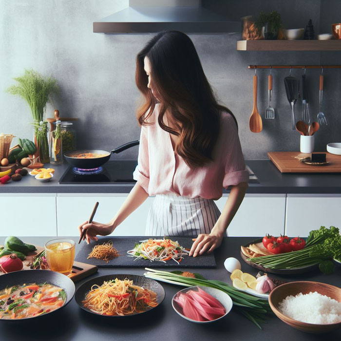 mouth-watering photo of a Thai woman preparing traditional Thai dishes such as Pad Thai