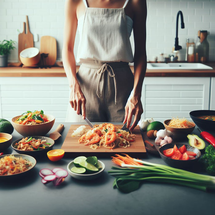 mouth-watering photo of a Thai woman preparing traditional Thai dishes such as Pad Thai