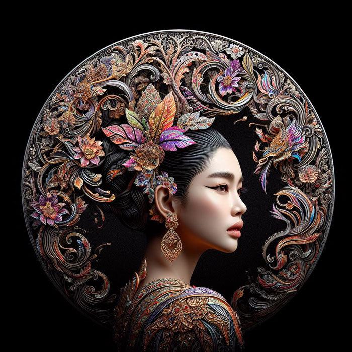 Thai woman, large plate, printed with fine Thai patterns, black background, bright colors misty colorful light