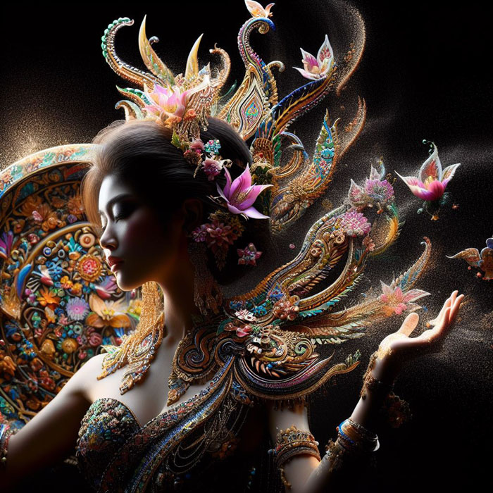 Thai woman, large plate, printed with fine Thai patterns, black background, bright colors misty colorful light