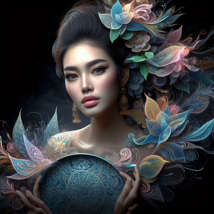 Thai woman, large plate, printed with fine Thai patterns, black background, bright colors misty colorful light