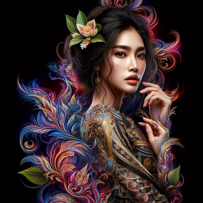 Thai woman, large plate, printed with fine Thai patterns, black background, bright colors misty colorful light