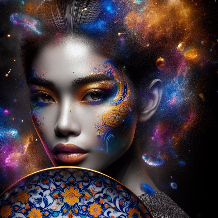 Thai woman, large plate, printed with fine Thai patterns, black background, bright colors misty colorful light