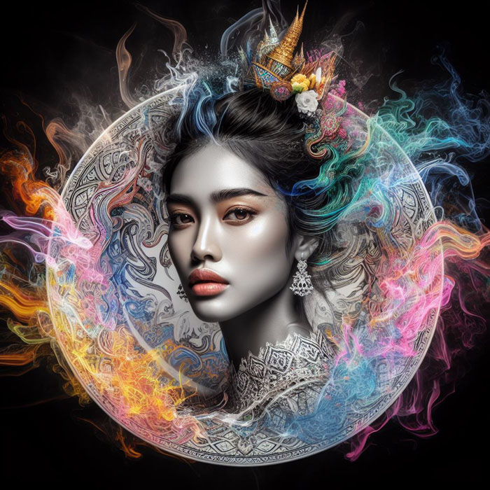 Thai woman, large plate, printed with fine Thai patterns, black background, bright colors misty colorful light