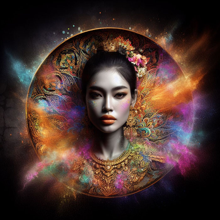 Thai woman, large plate, printed with fine Thai patterns, black background, bright colors misty colorful light