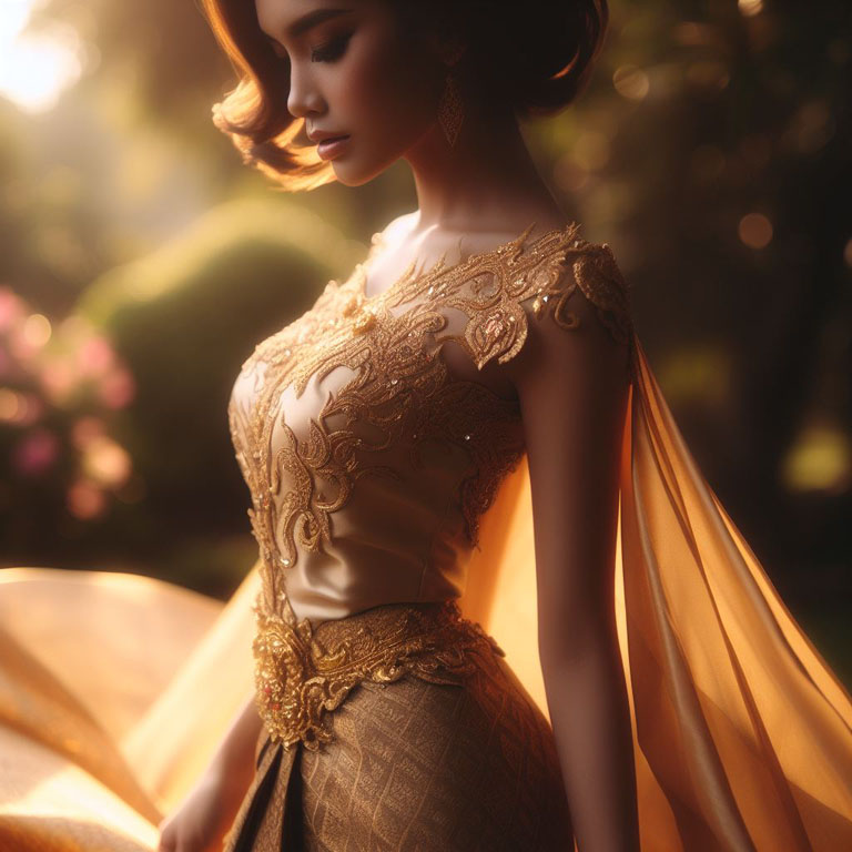 Thai woman wearing a golden silk dress