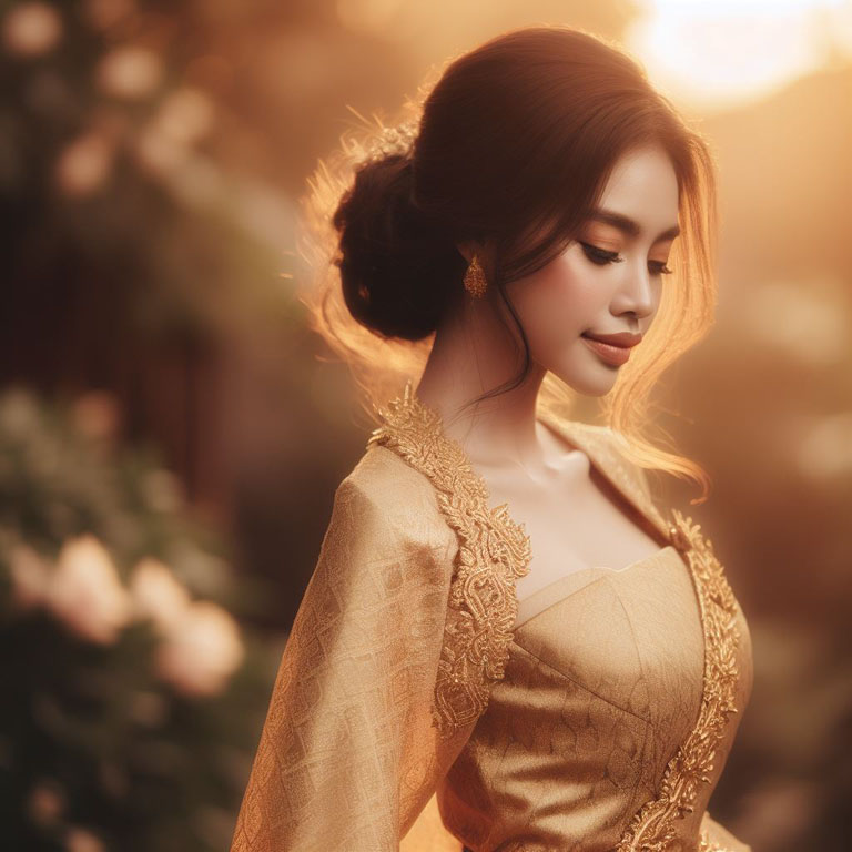 Thai woman wearing a golden silk dress