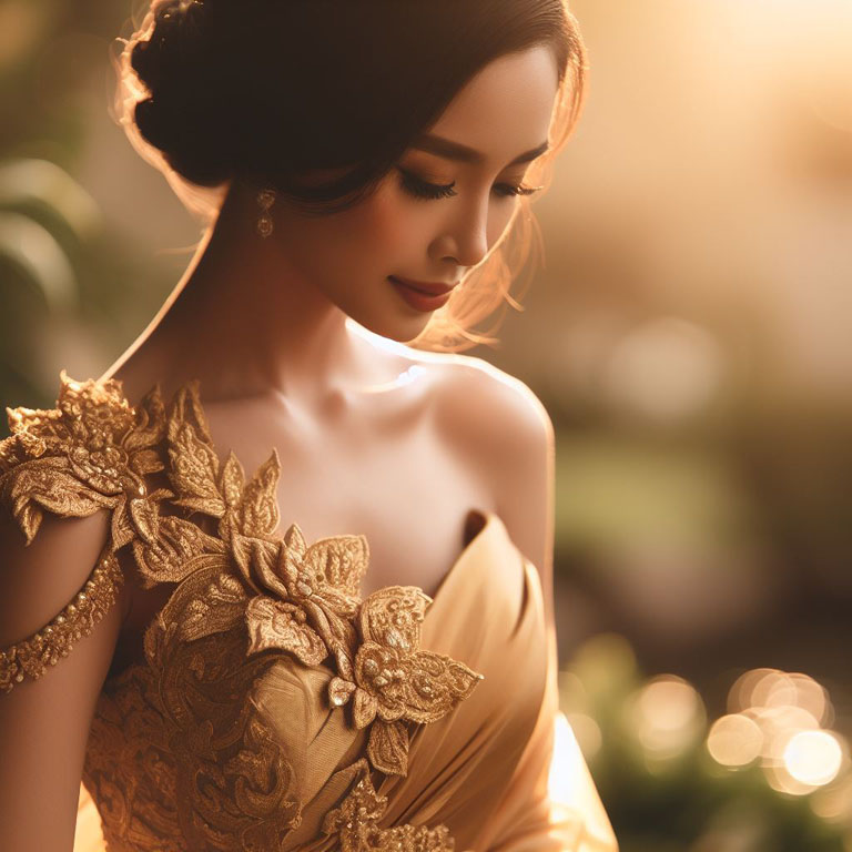 Thai woman wearing a golden silk dress