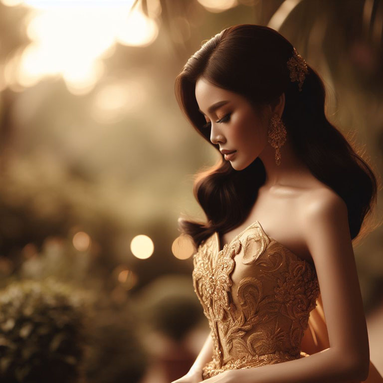 Thai woman wearing a golden silk dress