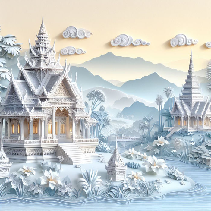 Traditional Thai temple landscape painting