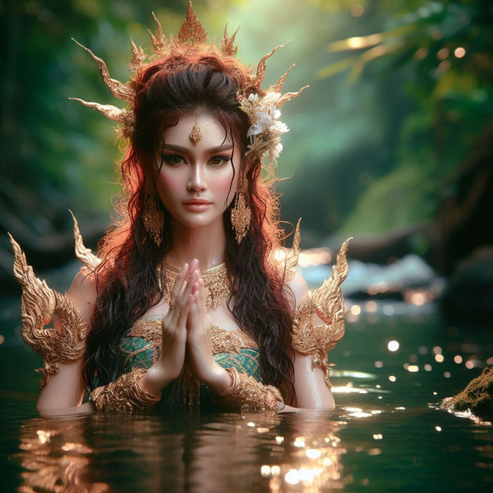 Traditional Thai water nymph in a jungle lagoon