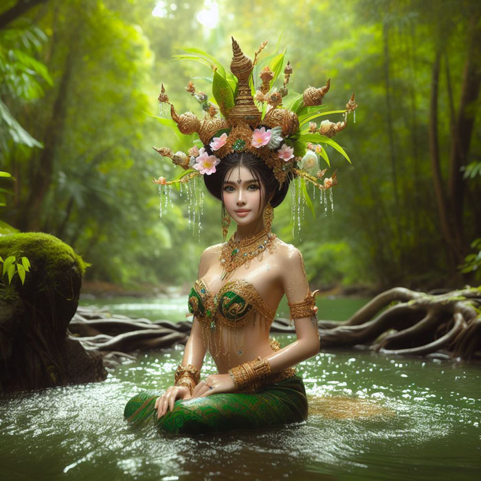 Traditional Thai water nymph in a jungle lagoon