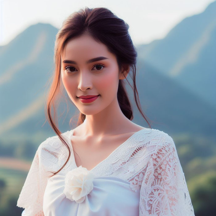 Young Thai woman in a traditional white dress, standing in front of a beautiful mountain backdrop