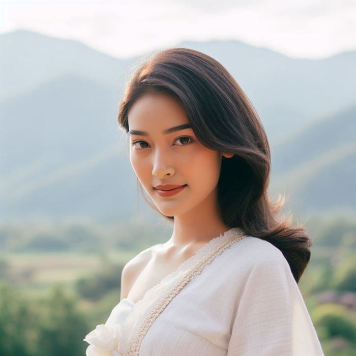 Young Thai woman in a traditional white dress, standing in front of a beautiful mountain backdrop