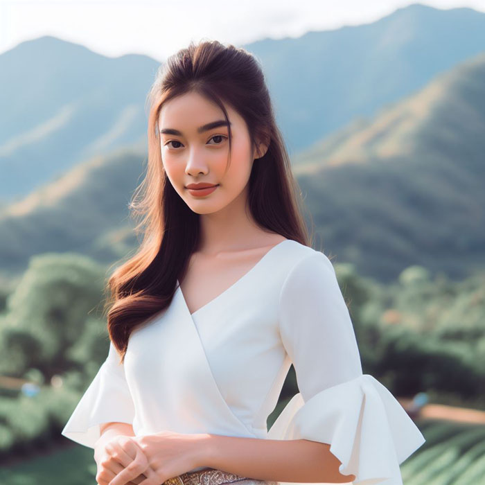 Young Thai woman in a traditional white dress, standing in front of a beautiful mountain backdrop