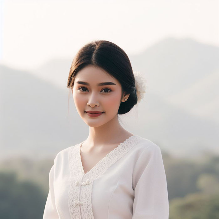 Young Thai woman in a traditional white dress, standing in front of a beautiful mountain backdrop