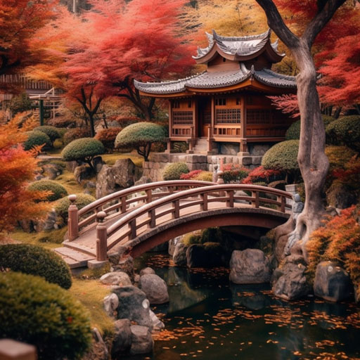 Beautiful and authentic Japanese garden with a traditional tea house